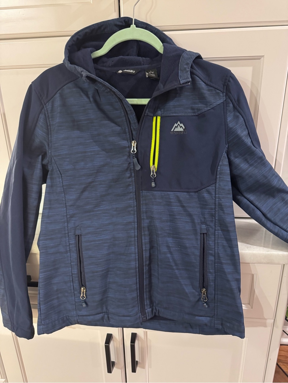 Snozu Navy Hooded Kids Softshell Jacket with Neon Yellow Accent